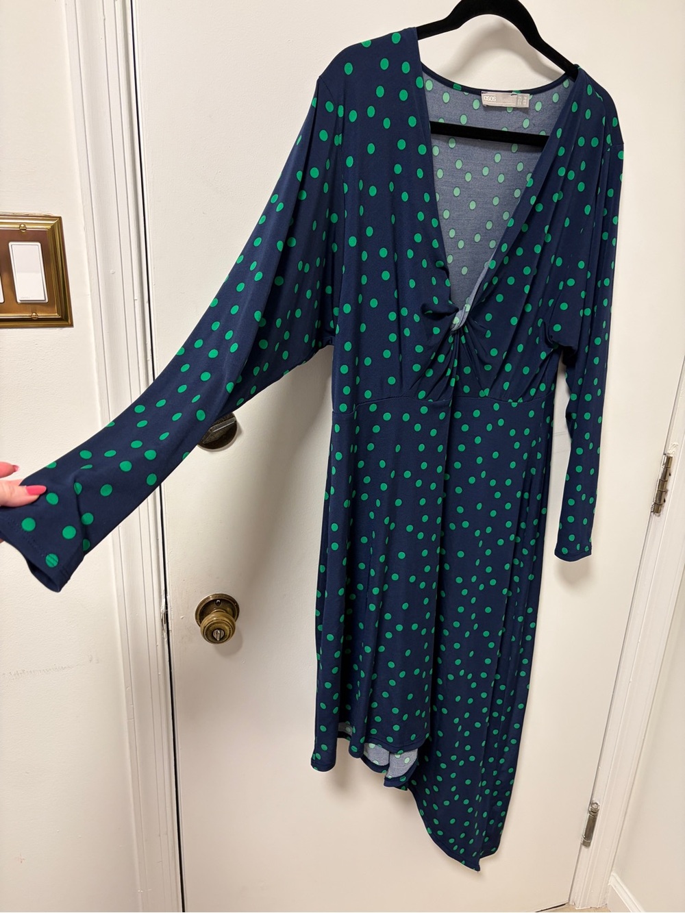 ASOS Curve Navy Long Sleeve Dress w/ Green Polka Dots & asymmetrical hem, NWOT